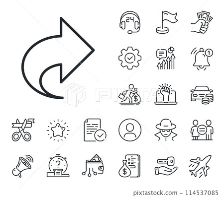 Link Arrowhead symbol. Salaryman, gender equality and alert bell outline icons. Share arrow line icon. Communication sign. Share line sign. Spy or profile placeholder icon. Vector Link Arrowhead symbol. Salaryman, gender equality and alert bell outline icons. Share arrow line icon. Communication sign. Share line sign. Spy or profile placeholder icon. Vector 114537085