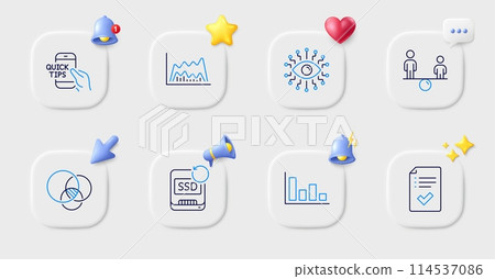 Approved checklist, Education and Euler diagram line icons. Buttons with 3d bell, chat speech, cursor. Pack of Equity, Histogram, Trade chart icon. Vector 114537086