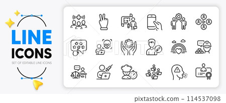 Victory hand, Lgbt and Certificate line icons set for app include Edit person, Build, Vaccination appointment outline thin icon. Video conference, Plan, Court judge pictogram icon. Vector Victory hand, Lgbt and Certificate line icons set for app include Edit person, Build, Vaccination appointment outline thin icon. Video conference, Plan, Court judge pictogram icon. Vector 114537098