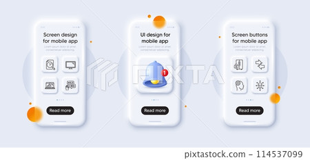 Refrigerator, Graph laptop and Face biometrics line icons pack. 3d phone mockups with bell alert. Glass smartphone screen. Monitor, Bid offer, Engineering web icon. Vector 114537099