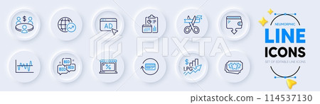 Bid offer, Market and Ad line icons for web app. Pack of Refund commission, Rise price, Report pictogram icons. World statistics, Cut ribbon, Meeting signs. Wallet, Stock analysis. Vector Bid offer, Market and Ad line icons for web app. Pack of Refund commission, Rise price, Report pictogram icons. World statistics, Cut ribbon, Meeting signs. Wallet, Stock analysis. Vector 114537130