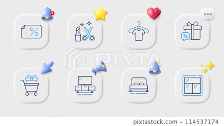 Beauty, T-shirt and Tv stand line icons. Buttons with 3d bell, chat speech, cursor. Pack of Shopping trolley, Sale gift, Discount banner icon. Bed, Window pictogram. For web app, printing. Vector 114537174