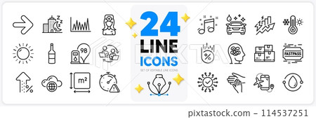 Icons set of Wine, Loan percent and Teamwork process line icons pack for app with Flights application, Anxiety, Petrol station thin outline icon. Night city, Consumption growth, Next pictogram. Vector 114537251