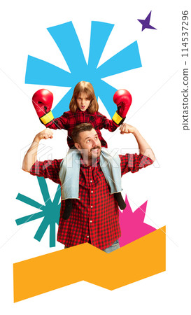Poster. Contemporary art collage. Father and daughter team up posing against vibrant painted background with copy space. 114537296