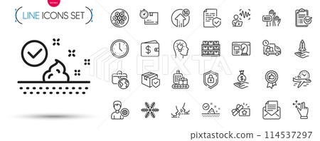 Pack of Dollar wallet, Move gesture and Flight time line icons. Include Loyalty gift, Shield, Parcel insurance pictogram icons. Storage, Cable section, Positive feedback signs. Vector 114537297