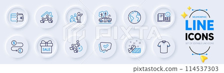 Work home, World planet and Money transfer line icons for web app. Pack of Approved, Sale offer, Present pictogram icons. Payment methods, Instruction info, Leadership signs. T-shirt. Vector 114537303