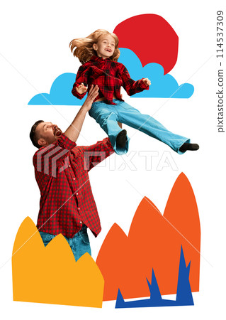 Poster. Contemporary art collage. Father and daughter have fun against background with bright doodles. Copy space. 114537309