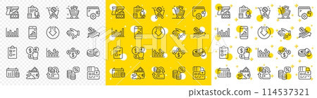 Outline Money tax, Upper arrows and Launder money line icons pack for web with Download arrow, Robbery, Accounting line icon. Column chart, Grocery basket, Shopping cart pictogram icon. Vector 114537321