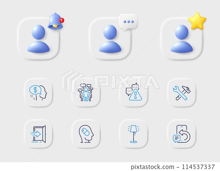 Stand lamp, Pay and Phone message line icons. Placeholder with 3d star, reminder bell, chat. Pack of Warning, Spanner tool, Voting campaign icon. Depression treatment, Entrance pictogram. Vector 114537337