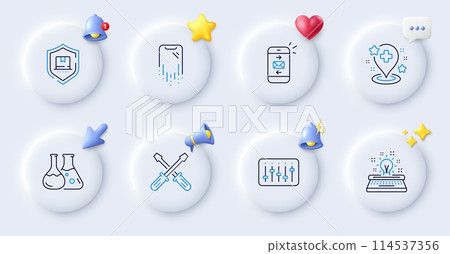 Chemistry lab, Screwdriverl and Hospital line icons. Buttons with 3d bell, chat speech, cursor. Pack of Mail, Typewriter, Smartphone recovery icon. Package protection, Dj controller pictogram. Vector 114537356
