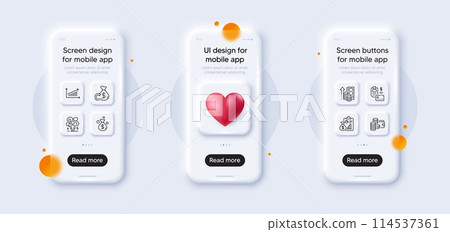 Difficult stress, Chart and Money bag line icons pack. 3d phone mockups with heart. Glass smartphone screen. Report, Wallet, Inflation web icon. Cashback, Pos terminal pictogram. Vector 114537361