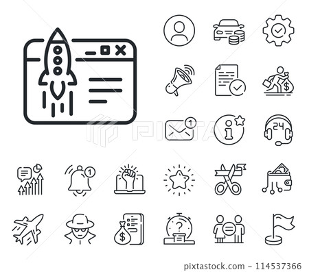 Launch crowdfunding project sign. Salaryman, gender equality and alert bell outline icons. Start business line icon. Innovation symbol. Start business line sign. Vector Launch crowdfunding project sign. Salaryman, gender equality and alert bell outline icons. Start business line icon. Innovation symbol. Start business line sign. Vector 114537366