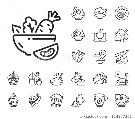 Vegetable food sign. Crepe, sweet popcorn and salad outline icons. Salad line icon. Healthy meal symbol. Salad line sign. Pasta spaghetti, fresh juice icon. Supply chain. Vector Vegetable food sign. Crepe, sweet popcorn and salad outline icons. Salad line icon. Healthy meal symbol. Salad line sign. Pasta spaghetti, fresh juice icon. Supply chain. Vector 114537391