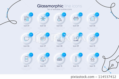 Set of Seo shopping, Snowflake and Leaf line icons for web app. Computer security, Credit card, Augmented reality icons. Riboflavin vitamin, Arena stadium, Difficult stress signs. Vector 114537412