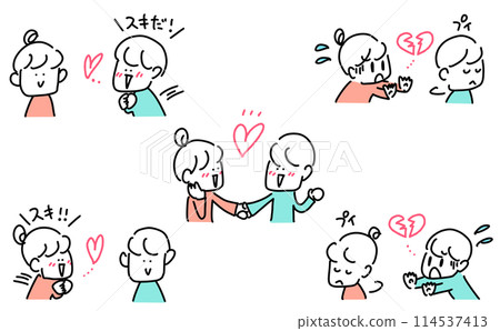 Manga-style men and women in love, from meeting to parting, love, dating, heartbreak, simple and cute line drawing illustration Manga-style men and women in love, from meeting to parting, love, dating, heartbreak, simple and cute line drawing illustration 114537413