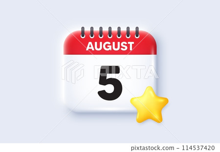 5th day of the month icon. Calendar date 3d icon. Event schedule date. Meeting appointment time. 5th day of August month. Calendar event reminder date. Vector 114537420