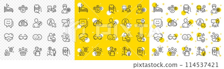 Outline Like, Support and Lawyer line icons pack for web with Love, Buyers, Cyber attack line icon. User, Music app, Wedding rings pictogram icon. Delivery man, Father day, Smile face. Vector 114537421