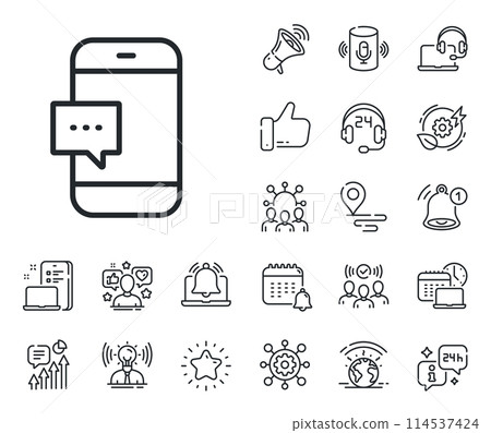 Cellphone or Phone messenger sign. Place location, technology and smart speaker outline icons. Smartphone Message icon. Communication Mobile device with Chat symbol. Vector Cellphone or Phone messenger sign. Place location, technology and smart speaker outline icons. Smartphone Message icon. Communication Mobile device with Chat symbol. Vector 114537424