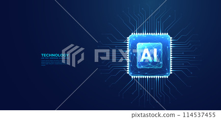 Ai chip top view on technology blue background. Light blue microchip 114537455