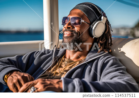 Black middle age man listening music in headphones Black middle age man listening music in headphones 114537511