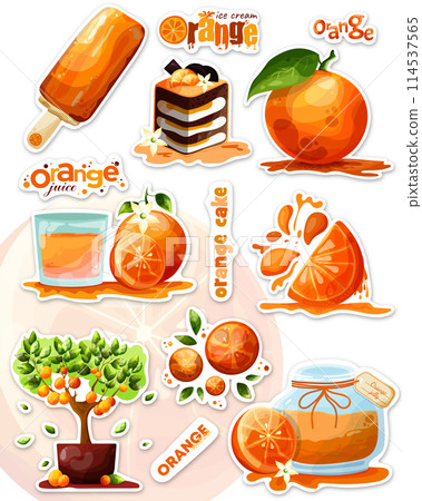 the vector colorful set of stickers with food from oranges and some text 114537565