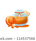the one isolated glass jar with the orange jelly and half of orange the one isolated glass jar with the orange jelly and half of orange 114537566