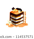 the piece of the orange and chocolate cake on the white background the piece of the orange and chocolate cake on the white background 114537571