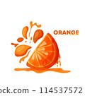 the vector isolated one slice of the juicy orange with the splatters of juice in flat style the vector isolated one slice of the juicy orange with the splatters of juice in flat style 114537572