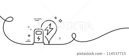 Charging station line icon. Continuous one line with curl. Car charge location sign. Electric power symbol. Charging station single outline ribbon. Loop curve pattern. Vector Charging station line icon. Continuous one line with curl. Car charge location sign. Electric power symbol. Charging station single outline ribbon. Loop curve pattern. Vector 114537715