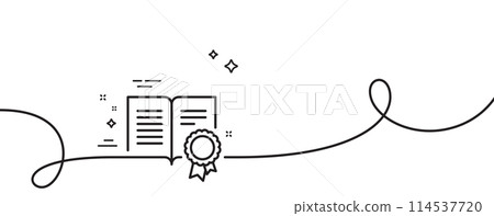 Diploma with Medal line icon. Continuous one line with curl. Certificate document symbol. Approved badge or Winner medal sign. Diploma single outline ribbon. Loop curve pattern. Vector 114537720