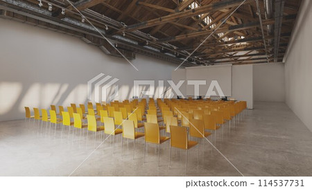 Symmetrical rows of yellow chairs in a hall, ready for an event 114537731
