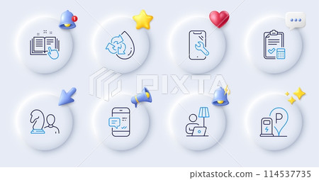 Smartphone repair, Floor lamp and Chess line icons. Buttons with 3d bell, chat speech, cursor. Pack of Recycle water, Accounting checklist, Technical documentation icon. Vector Smartphone repair, Floor lamp and Chess line icons. Buttons with 3d bell, chat speech, cursor. Pack of Recycle water, Accounting checklist, Technical documentation icon. Vector 114537735