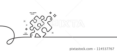 Puzzle pieces line icon. Continuous one line with curl. Jigsaw game challenge sign. Business solution symbol. Puzzle single outline ribbon. Loop curve pattern. Vector 114537767