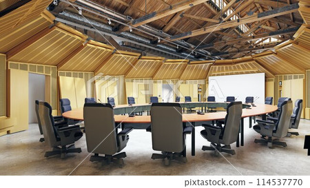 Round conference room table and chairs in a hall with modern interior design Round conference room table and chairs in a hall with modern interior design 114537770