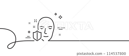 Face detection protected line icon. Continuous one line with curl. Secure access sign. Facial identification symbol. Face protection single outline ribbon. Loop curve pattern. Vector 114537800