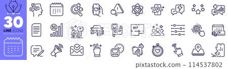Document, Atom and Floor plan line icons pack. Buying house, Seo statistics, Attention web icon. Calendar, Touchscreen gesture, Dating app pictogram. Pin, Voicemail, Buy car. Squad. Vector 114537802