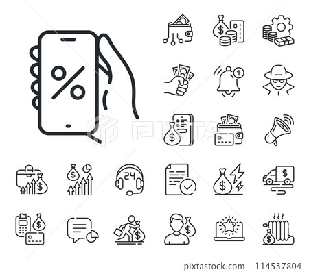 Sale offer sign. Cash money, loan and mortgage outline icons. Discounts app line icon. Phone promotion price symbol. Discounts app line sign. Credit card, crypto wallet icon. Vector 114537804