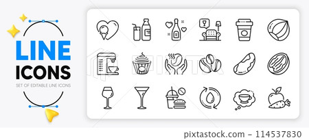 Refill water, Apple carrot and Pecan nut line icons set for app include Coffee cup, Lounge, Coffee machine outline thin icon. Coffee-berry beans, Martini glass, Milk pictogram icon. Vector Refill water, Apple carrot and Pecan nut line icons set for app include Coffee cup, Lounge, Coffee machine outline thin icon. Coffee-berry beans, Martini glass, Milk pictogram icon. Vector 114537830