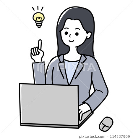 A woman in a suit making a proposal in front of a laptop A woman in a suit making a proposal in front of a laptop 114537909