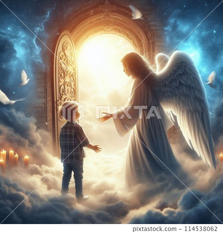 天使在天堂之門前對男孩說話 114538062