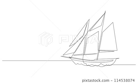 Single line drawing of sail boat or yacht. Abstract sailing vessel silhouette drawn by one continuous line. Single line drawing of sail boat or yacht. Abstract sailing vessel silhouette drawn by one continuous line. 114538074