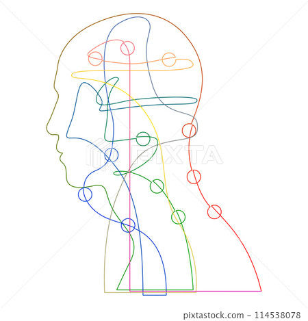 Continuous one line drawing of a man profile head with dots. Mental health or business concept. Linear vector illustration. 114538078