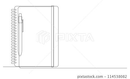 Single continuous line drawing of notebook with a pencil. Writing business draft on office notes concept. One line vector illustration. Single continuous line drawing of notebook with a pencil. Writing business draft on office notes concept. One line vector illustration. 114538082