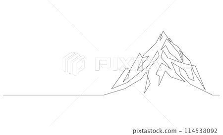 One continuous line drawing of mountain landscape. Adventure winter sports concept - web banner drawn by single line. Doodle vector illustration. 114538092
