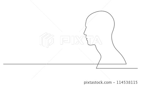Continuous line drawing of a human head. Contour of male profile drawn by one line. Vector illustration. 114538115