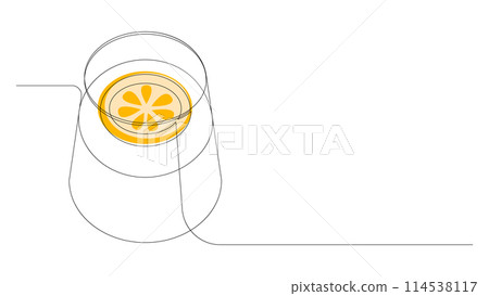 Continuous one line drawing of cocktail with lemon slice. Summer drink with citrus piece or lemonade drawn by single line. Vector illustration. 114538117