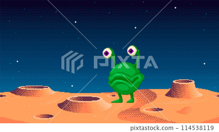 Pixel art of green alien monster standing on a planet surface. Cosmic area game location. Seamless vector background. 114538119