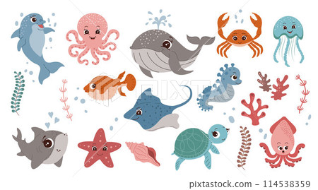 Set with hand drawn sea animals Exotic cartoon underwater cute creatures for your design Sea life Isolated backgrounds 114538359