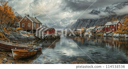Serene scandinavian fishing village at dusk 114538536