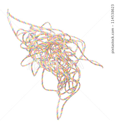 Tangle Mess Complicated Climbing Rope roll fly in air. Strong safety climbing rope for sport mountain hobby, need safety gear to lock hold weight of climber rope. White background isolated 114538623